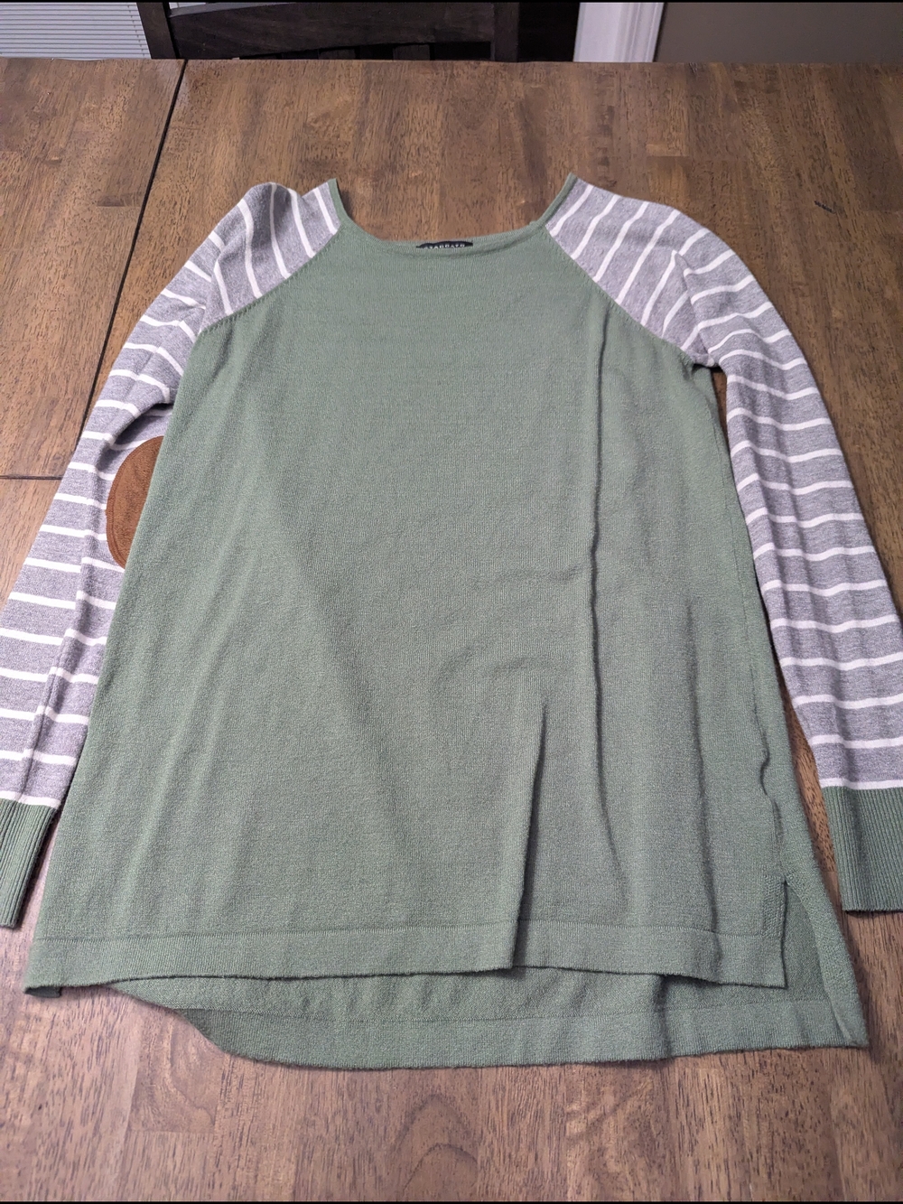 Staccato Olive Scoop Neck Sweater with Gray Striped Raglan Sleeves